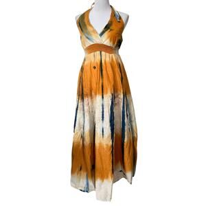 eShe Halter Maxi Dress Tie Dye Cotton Adjustable Length Festival Hippie Womens S